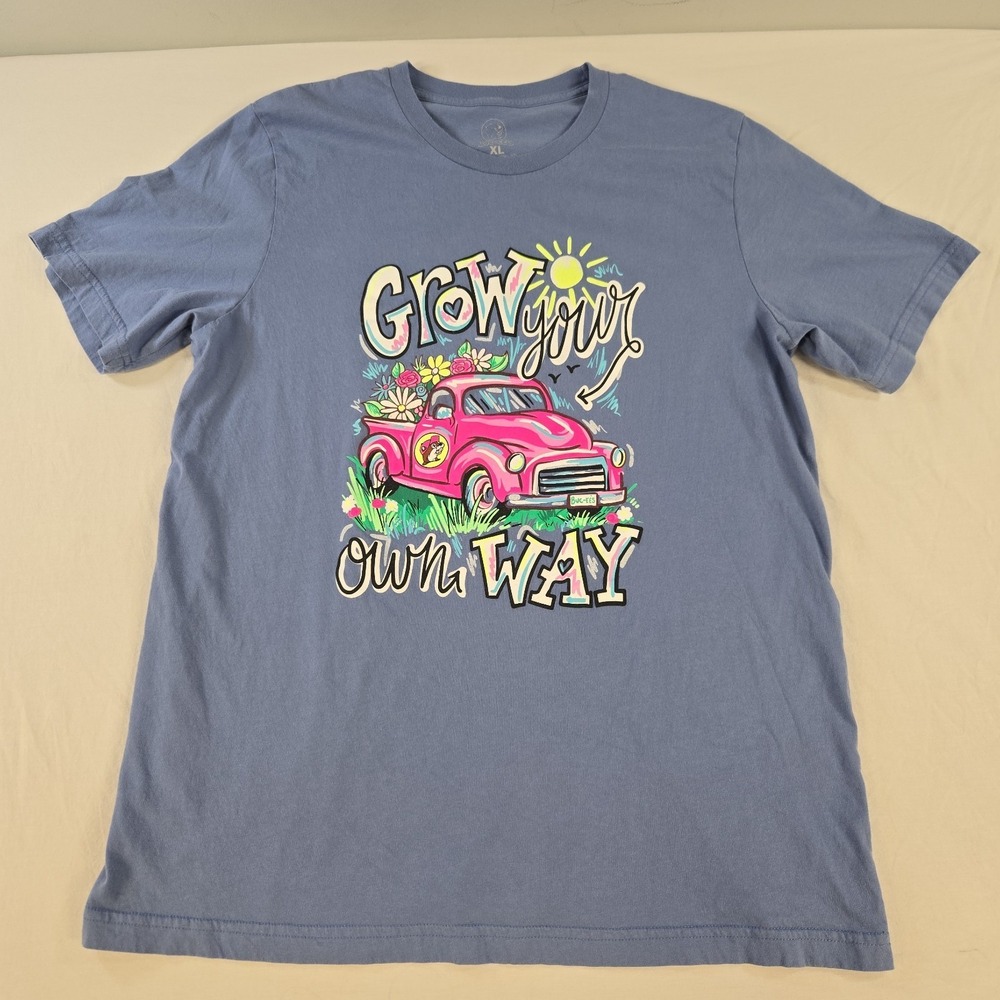 Buccees Womens Tshirt Size XL Grow Your Own Way Spring Summer Flowers Blue Pink